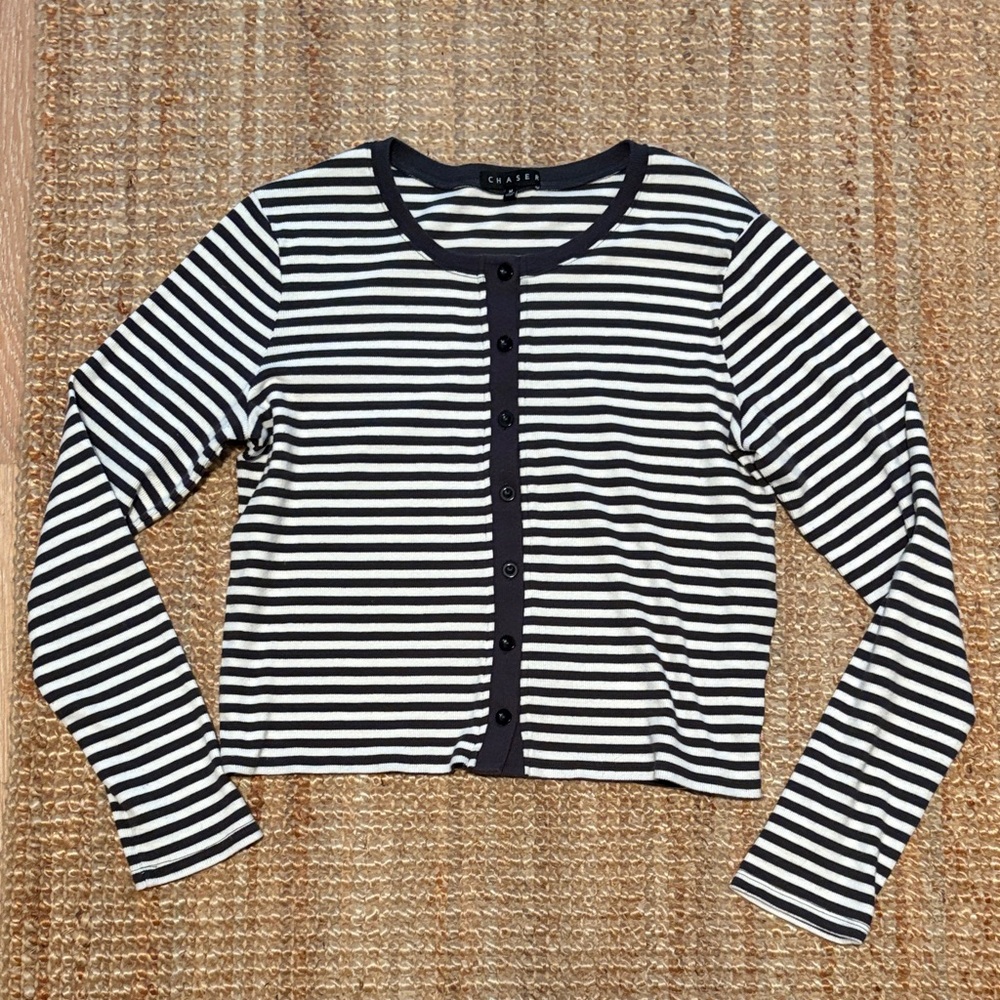Chaser Black and White Striped Button-Up Top